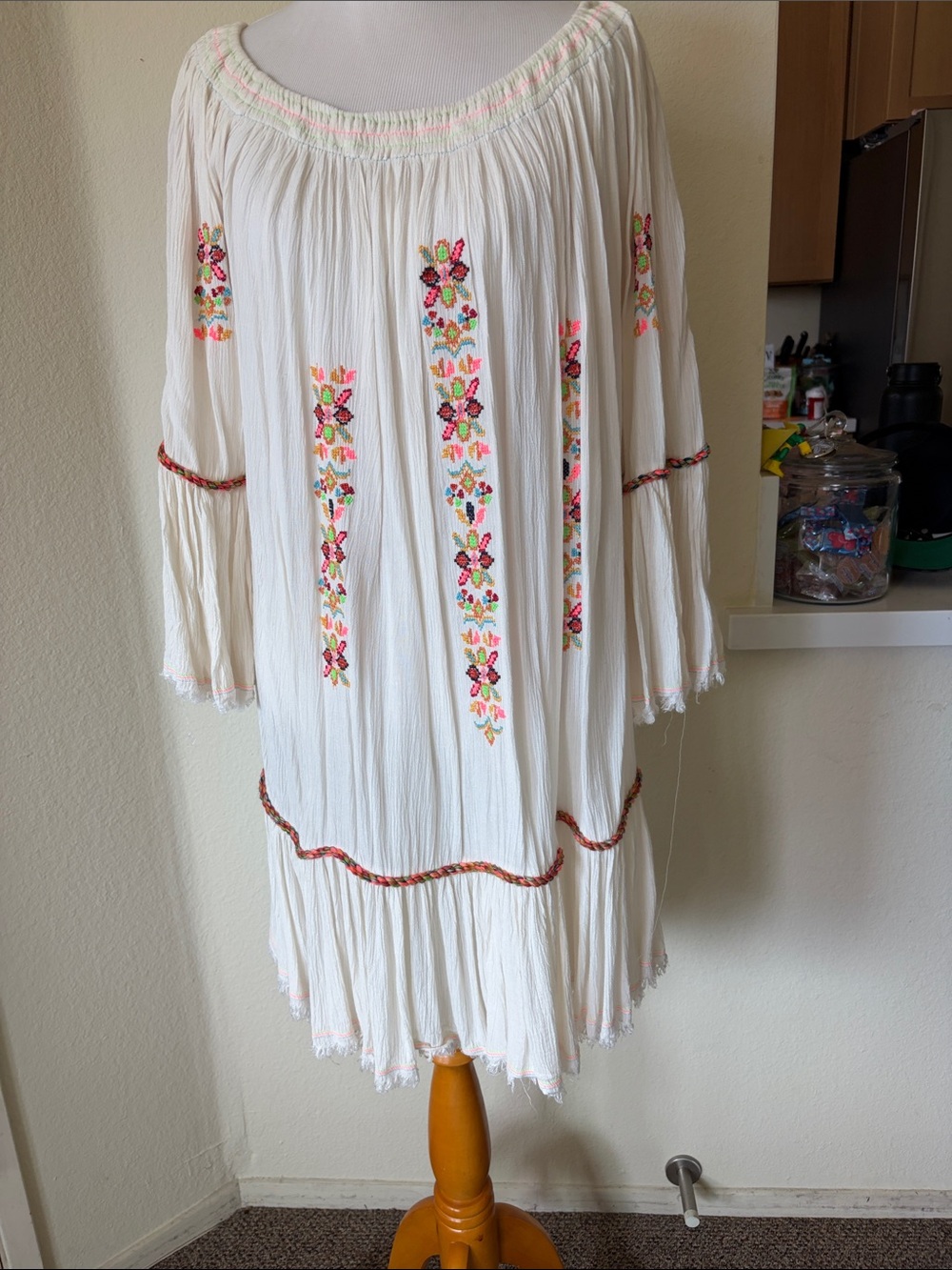 Embroidered White Boho Midi Dress with Floral Accents